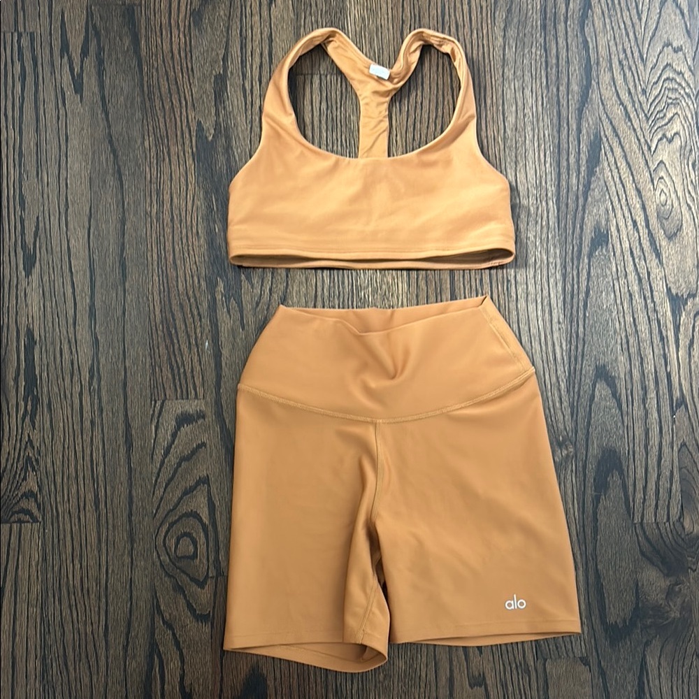 Alo Yoga Copper Sports Bra and Shorts Set